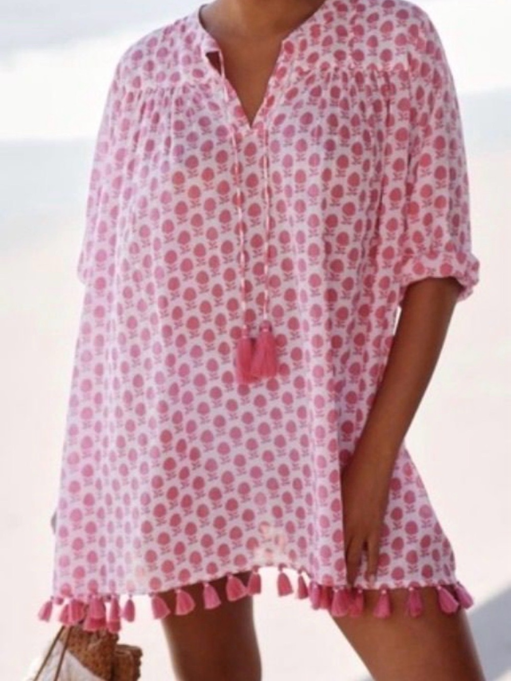 Roller Rabbit Pink and White Tassel Swim Coverup